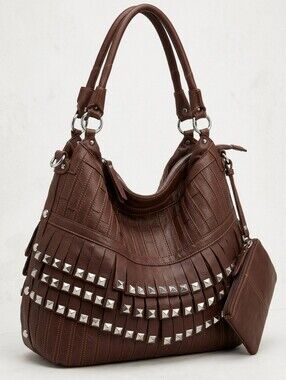 Large Brown Amerileather Studded TUTU Shoulder Bag  Silver Accents. Beautiful